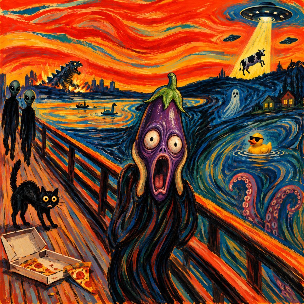 Munchad: The Scream repainted with a screaming eggplant, UFOs, a kaiju and tentacles